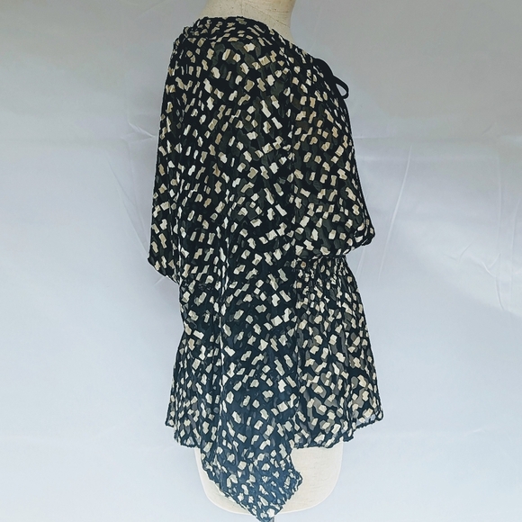 Theory Blouse Top Silk Blend Tie Neckline Gathered Waist Long Sleeve Black L NWT - Picture 7 of 14